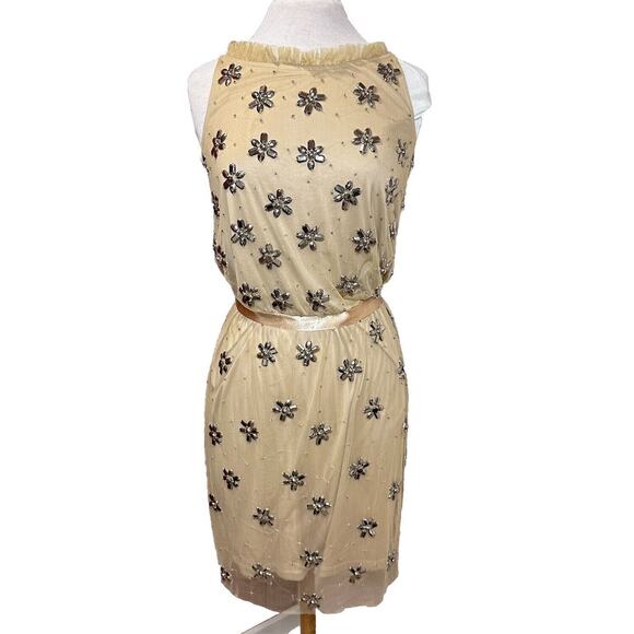 Adrianna Papell Dress Tan Gem Flowers sparkle Cocktail Evening Dress size 8 - Picture 1 of 16